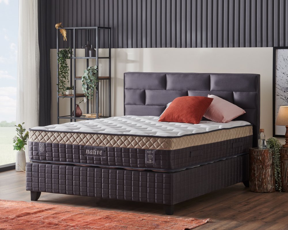 Čalouněná postel NATIVE s matrací - antracit 200 × 200 cm