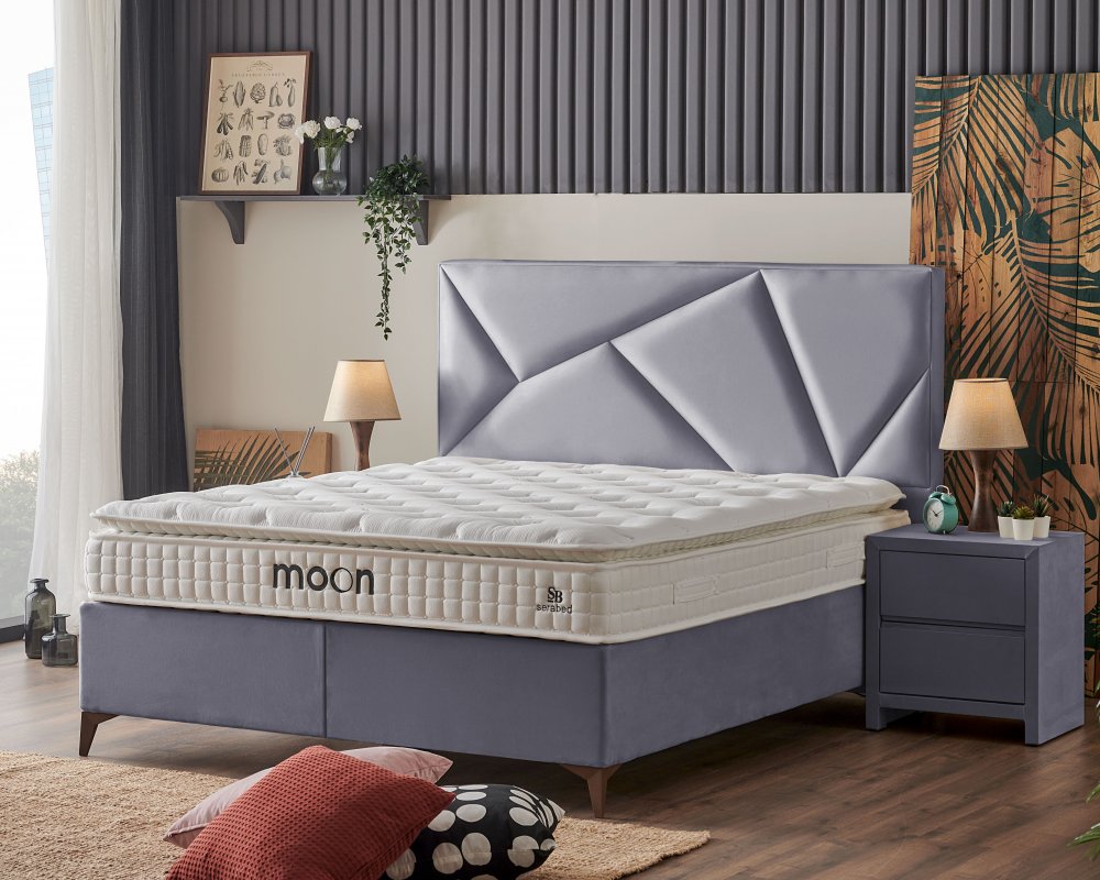 Čalouněná postel MOON s matrací - šedá 140 × 200 cm
