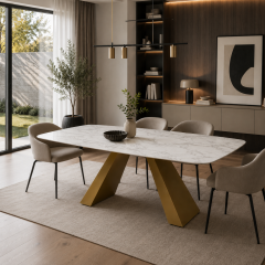 Jídelní stůl ARABESCATO – 200 × 100 cm, keramická deska 12 mm, zlatá podnož ANCONA M