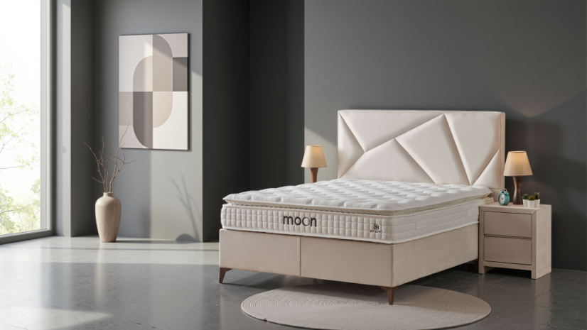 Čalouněná postel MOON s matrací - béžová