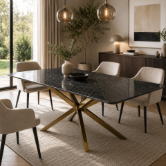 Jídelní stůl MONTEVIDEO SATIN – 180 × 100 cm, žulová deska Satin Black, zlatá podnož SPIDER L