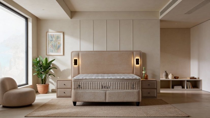 Čalouněná postel LUNA s matrací - světle béžová s perletí