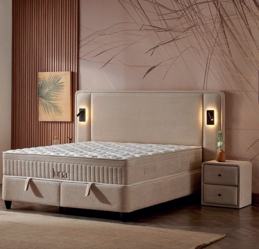 Čalouněná postel LUNA s matrací - světle béžová s perletí