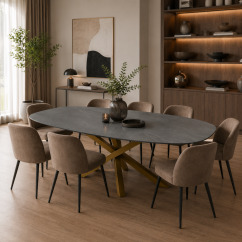 Jídelní stůl ROYAL GRIGIO – 230 × 130 cm, keramická deska 24 mm Shark Nose, zlatá podnož VALETTA M