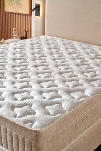 Čalouněná postel LUNA s matrací - světle béžová s perletí