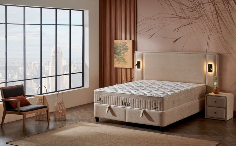 Čalouněná postel LUNA s matrací - světle béžová s perletí