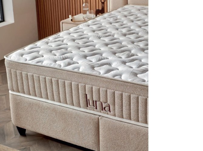 Čalouněná postel LUNA s matrací - světle béžová s perletí