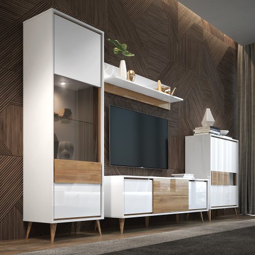 TV komoda VIDA - TV bílá lesk/ořech pacific 