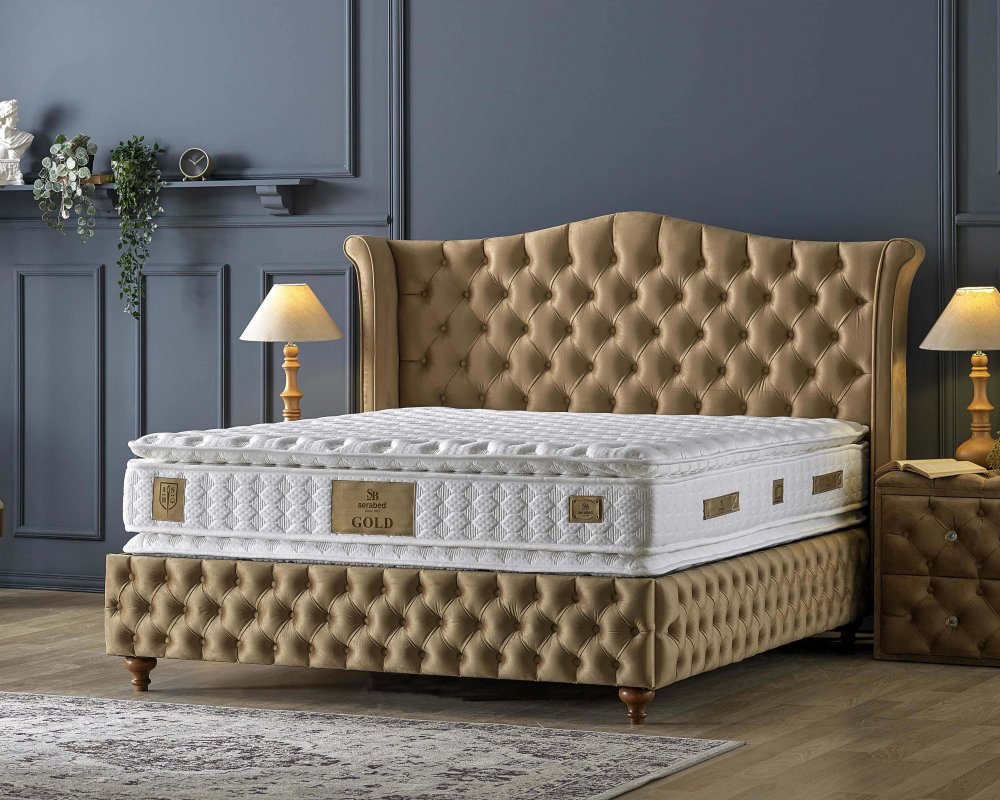 Čalouněná postel GOLD s matrací - zlatá 150 × 200 cm