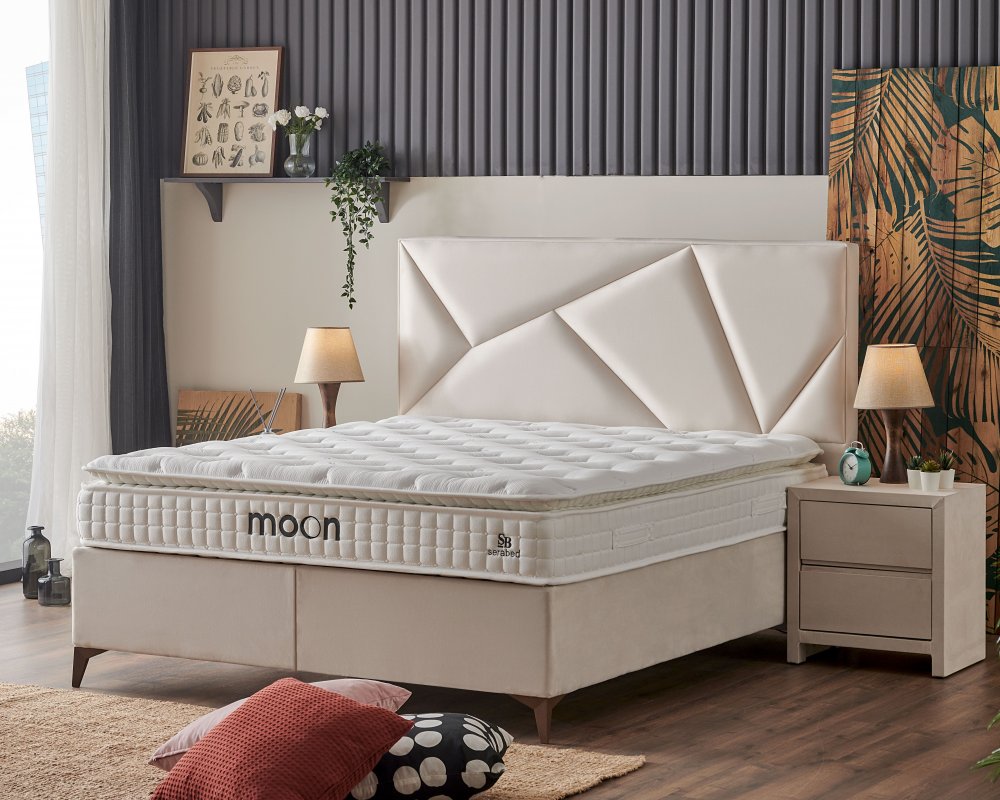 Čalouněná postel MOON s matrací - béžová 140 × 200 cm