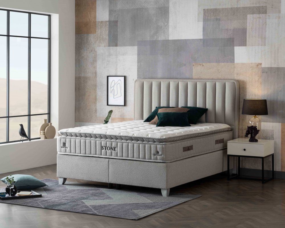 Čalouněná postel STONE NEW s matrací - béžová 160 × 200 cm