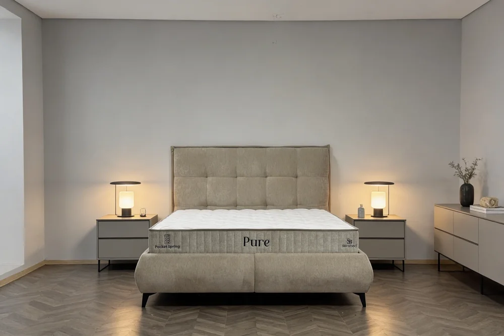 Čalouněná postel PURE - béžová 100 × 200 cm
