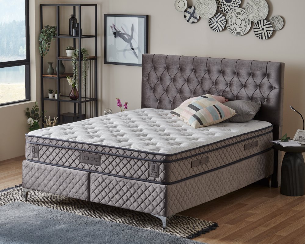 Čalouněná postel DELUXE s matrací - šedá 200 × 200 cm